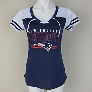 Team Apparel New England Patriots Navy and White Short Sleeve Lace Up Top Size S